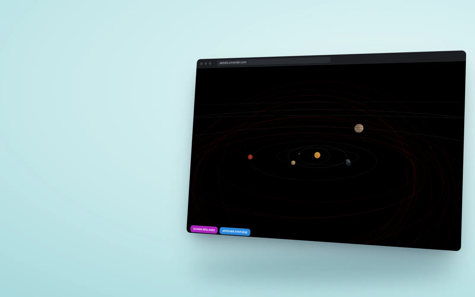 La simulation 3D du système solaire d’Astrale affichée dans un navigateur.